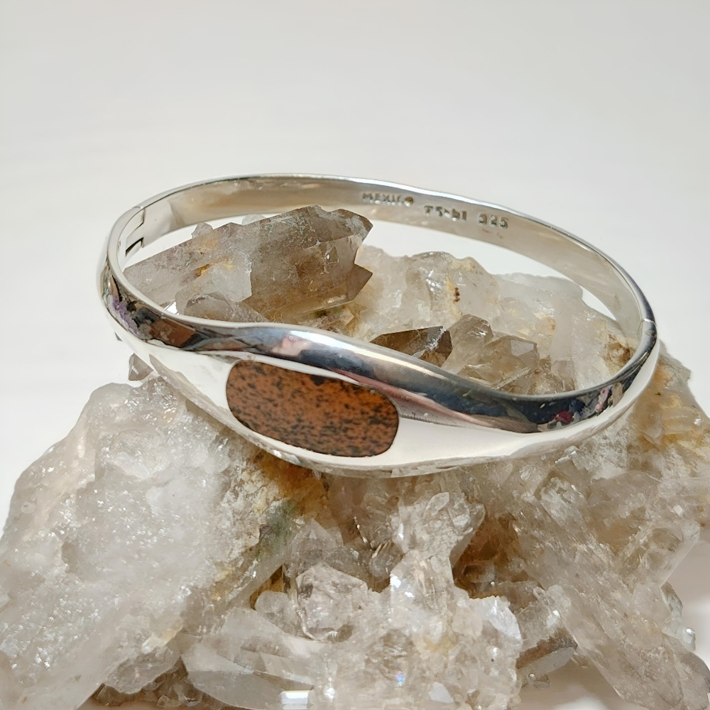 Vintage TAXCO Sterling Silver Hinged Bracelet Brown/black Jasper Inlay Unisex - Picture 3 of 13